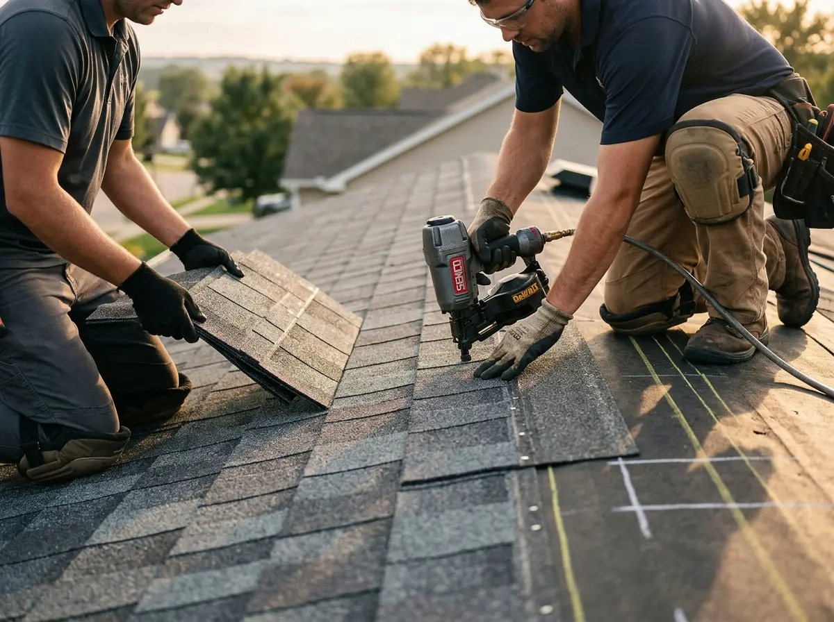 Professional roofer working on a residential roof in Chicago Heights